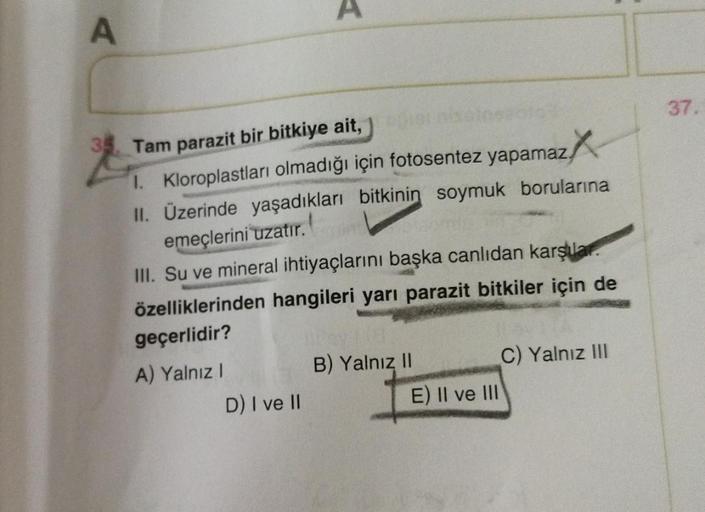 A
Tam parazit bir bitkiye ait,
I. Kloroplastları olmadığı için fotosentez yapamaz,
amaz
II. Üzerinde yaşadıkları bitkinin soymuk borularına
emeçlerini uzatır.
III. Su ve mineral ihtiyaçlarını başka canlıdan karşılar.
özelliklerinden hangileri yarı parazit