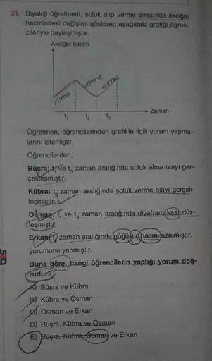 31. Biyoloji öğretmeni, soluk alıp verme sırasında akciğer
hacmindeki değişimi gösteren aşağıdaki grafiği öğren-
cileriyle paylaşmıştır.
Akciğer hacmi
Alma
4
verme
alma
▸ Zaman
tą 13
Öğretmen, öğrencilerinden grafikle ilgili yorum yapma-
larını istemiştir.