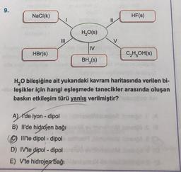 9.
NaCl(k)
HBr(s)
III
CH₂O(s)
A) I'de iyon- dipol
B) Il'de hidrojen bağı
Ill'te dipol-dipol
D) IV'te dipol-dipol
E) V'te hidrojen bağı
IV
BH (s)
V
HF(s)
C₂H₂OH(s)
H₂O bileşiğine ait yukarıdaki kavram haritasında verilen bi-
eleşikler için hangi eşleşmede tanecikler arasında oluşan
baskın etkileşim türü yanlış verilmiştir?