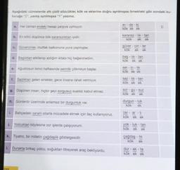 Aşağıdaki cümlelerde altı çizili sözcükler, kök ve eklerine doğru ayrılmışsa örnekteki gibi sondaki ku-
tucuğa "D", yanlış aynılmışsa "Y" yazınız.
8.
Her zaman evdeki hesap çarşıya uymuyor.
232
b. En kötü düşünce bile kararsızlıktan iyidir.
B
c. Güvercinler, mutfak balkonuna yuva yapmışlar.
d. Başlıktan etkilenip aldığım kitabı hiç beğenmedim.
e. Ağustosun ikinci haftasında serinlik çökmeye başlar.
1. Sazlıktan gelen sinekler, gece insana rahat vermiyor.
Düşünen insan, hiçbir şeyi sorgusuz sualsiz kabul etmez.
A. Günlerdir üzerimde anlamsız bir durgunluk var.
i. Bahçedeki zararlı otlarla mücadele etmek için ilaç kullanıyoruz.
j. Yokluktan böylesine zor işlerde çalışıyorum.
k. Tiyatro, bir milletin çağdaşlık göstergesidir.
1. Durakta birkaç yolcu, soğuktan titreyerek araç bekliyordu.
ev - de - ki
kök ek ek
kararsızlık - tan
kök ek ek
güver- cin - ler
kök ek ek
baş- lik-tan
kök ek ek
ser - in - lik
kök ek ek
saz-lık - tan
kök ek ek
sor-gu
- suz
kök ek ek
durgun - luk
kök ek
zar - ar - li
kök ek ek
yok - luk - tan
kök ek ek
çağdaş - lik
kök
ek
dur-ak-ta
kök ek ek
D