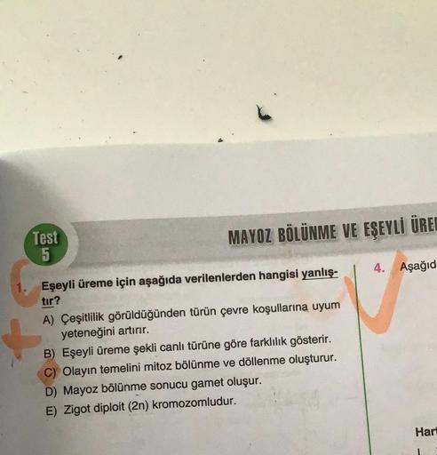 Test
5
MAYOZ BÖLÜNME VE EŞEYLİ ÜRED
Eşeyli üreme için aşağıda verilenlerden hangisi yanlış-
tır?
A) Çeşitlilik görüldüğünden türün çevre koşullarına uyum
yeteneğini artırır.
B) Eşeyli üreme şekli canlı türüne göre farklılık gösterir.
Olayın temelini mitoz 