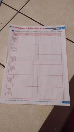 <-Toplama İşlemi ile İlgili Problem Kurma-
49
16
37
50
43
29
46
35
ÜNİTE 2
Aşağıdaki sayıları kullanarak toplama ile ilgili problem yazalım ve çözelim.
Say
66
18
57
23
Problem
2. SINIF-YENİ NESİL SORULARLA AKILLI DEFTER- MATEMATİK
