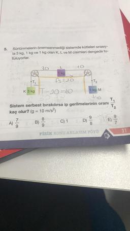 5. Sürtünmelerin önemsenmediği sistemde kütleleri sırasıy-
la 3 kg, 1 kg ve 1 kg olan K, L ve M cisimleri dengede tu-
tuluyorlar.
A)
7
30
L
1 kg
fs=20
K 3 kg -20-10
30-
Sistem serbest bırakılırsa ip gerilmelerinin oranı
kaç olur? (g = 10 m/s²)
T₂
B)
10
C) 1
T₂
1 kg M
8
9
FİZİK KONU ANLATIM FÖYÜ
D)
9
VAD
E)
31
