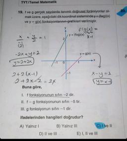 TYT/Temel Matematik
19. f ve g gerçek sayılarda tanımlı doğrusal fonksiyonlar ol-
mak üzere, aşağıdaki dik koordinat sisteminde y=(fog)(x)
ve y = g(x) fonksiyonlarının grafikleri verilmiştir.
x|ig
-2x+y=2
y=2+2x
2+2-(x-1)
2+2x=2=2x
Buna göre,
y
2
D) II ve III
0
f(g(x) =
X-
y = (fog)(x)
y = g(x)
I. f fonksiyonunun sıfırı -2 dir.
II. f-g fonksiyonunun sıfırı -5 tir.
III. g fonksiyonun sıfırı -1 dir.
ifadelerinden hangileri doğrudur?
A) Yalnız I
B) Yalnız III
x-y=1
(y=xy)
C) I ve II
E) I, II ve III
20.
10