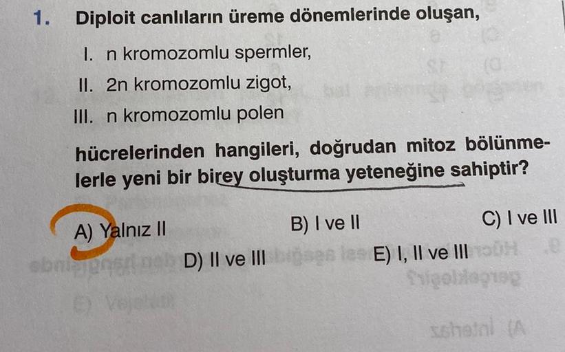 1. Diploit canlıların üreme dönemlerinde oluşan,
I. n kromozomlu spermler,
II. 2n kromozomlu zigot,
III. n kromozomlu polen
hücrelerinden hangileri, doğrudan mitoz bölünme-
lerle yeni bir birey oluşturma yeteneğine sahiptir?
A) Yalnız II
obnigion
D) II ve 