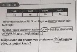 Örnek.. 11.
Ali
12
Suat
18
Kaya
20
Salih
24
Yukandaki tabloda All, Suat, Kaya ve Salihin yaşlan gös-
terilmiştir.
Bu dört kişiye yaşlarının toplamıx olanaltı kişi eklenerek
on kişilik bir grup oluşturuluyor.
Oluşturulan bu grubun yaş ortalaması 15 olduğuna
göre, x değeri kaçtır?