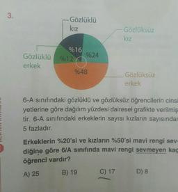 3.
Gözlüklü
erkek
Gözlüklü
kız
%16
%12
%24
%48
Gözlüksüz
kız
C) 17
Gözlüksüz
erkek
6-A sınıfındaki gözlüklü ve gözlüksüz öğrencilerin cinsi
yetlerine göre dağılım yüzdesi dairesel grafikte verilmiş
tir. 6-A sınıfındaki erkeklerin sayısı kızların sayısındar
5 fazladır.
Erkeklerin %20'si ve kızların %50'si mavi rengi sev-
diğine göre 6/A sınıfında mavi rengi sevmeyen kaç
öğrenci vardır?
A) 25
B) 19
D) 8
