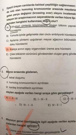 2. Eşeyli üreyen canlılarda kalıtsal çeşitliliğin sağlanmasın-
da rolü olan homolog kromozomlar arasında meydana
gelen parça değişimi (krossing over) olayını incelemek
isteyen bir araştırmacının seçeneklerde verilen hücre tip-
Jerinden hangisini kullanması doğru olur?
(A) Tohumun çimlenip büyümesiyle oluşan bitkinin yaprak
hücrelerini
penc
B) Yumurta içinde gelişmekte olan civciv embriyonik hücrelerini
C) Aşılama yöntemi uygulanan meyve ağacının bölünebilir
doku hücrelerini
D) Kraliçe arının eşey organındaki üreme ana hücresini
E) Çilek bitkisinin sürünücü gövdesinden oluşan genç gövde
hücrelerini
3. Mayoz sırasında gözlenen,
tetrat oluşumu
II. homolog kromozomların ayrılması
III. kardeş kromatitlerin ayrılması
olayları aşağıda verilen hangi sıraya göre gerçekleşir?
A) 1 - 11 - III
C) I-III-I
D) III - I - II
B) I-III-II
BI
E) III-II-I
4. Mayozun genel özellikleriyle ilgili aşağıda verilen açıkla-
malardan hangisi yanlıştır?
A) Üreme ana hücreleri tarafından gerçekleştirilir.