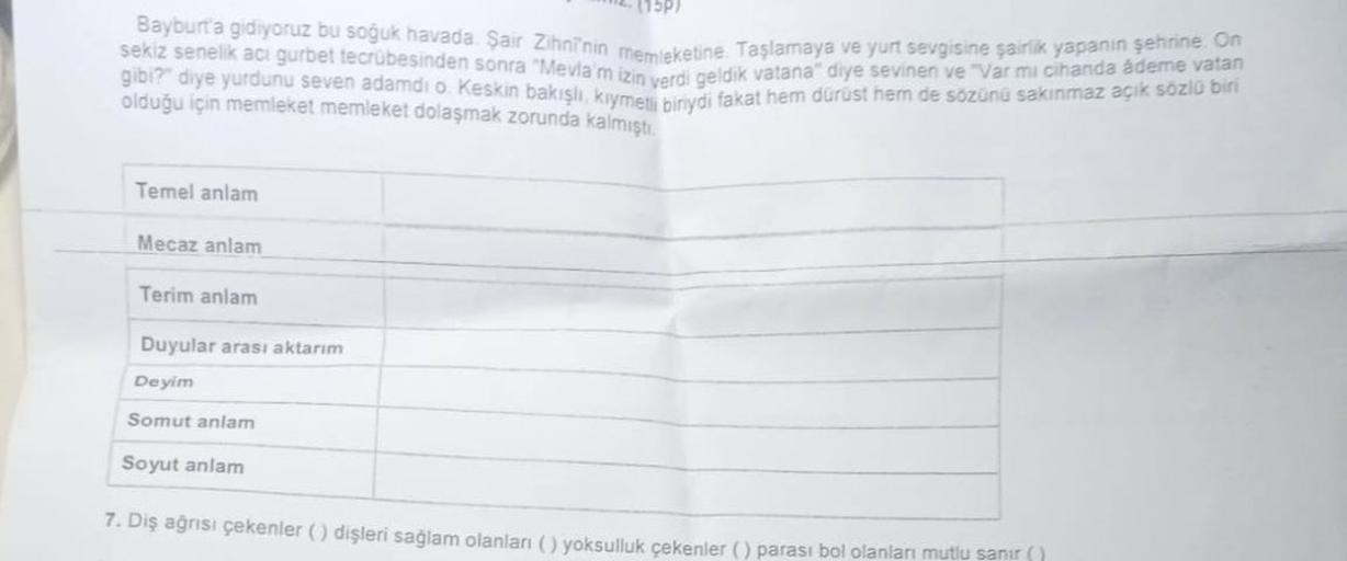 (15p)
Bayburt'a gidiyoruz bu soğuk havada. Şair Zihni'nin memleketine. Taşlamaya ve yurt sevgisine şairlik yapanın şehrin vatan
sekiz senelik acı gurbet tecrübesinden sonra "Mevla'm izin verdi geldik vatana" diye sevinen ve "Var mi cihanda ademe vatan
gibi