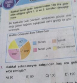 UNITE
02
Bakkal temel gıda ürünlerinden 150 lira getir
elde ettiğine göre 1, 2 ve 3. soruları cevaple
yınız.
Bir bakkalın bazı ürünlerin satışından günlük elde
ettiği gelirin dağılımı aşağıdaki daire grafiği ile gös
terilmiştir.
Grafik: Ürünlerden Elde Edilen Gelir
100
80°
120°
Ekmek
B) 90
Temel gida
Içecek
1. Bakkal sebze-meyve satışından kaç lira geli
elde etmiştir?
A) 80
C) 100
Sebze-meyve
D) 120