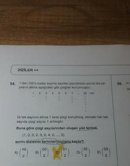 DİZİLER ++
54. 1'den 100'e kadar sayma sayıları yazıldıktan sonra tek sa-
yıların altına aşağıdaki gibi çizgiler konulmuştur.
1 2 3 4 5 6 7 99 100
İlk tek sayının altına 1 tane çizgi konulmuş, sonraki her tek
sayıda çizgi sayısı 1 artmıştır.
Buna göre çizgi sayılarından oluşan yüz terimli,
(1, 0, 2, 0, 3, 0, 4, 0, ..., 0)
sonlu dizisinin terimleri toplamı kaçtır?
51
2
A)
49
2
B)
50
2
C)
D)
(52)
E)
53
2
56. ne
(a