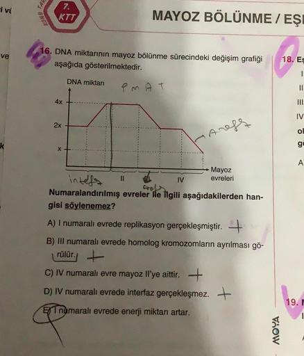 i vi
ve
TAR
KONU
7.
KTT
16. DNA miktarının mayoz bölünme sürecindeki değişim grafiği
aşağıda gösterilmektedir.
4x
2x
X
DNA miktarı
MAYOZ BÖLÜNME/EŞI
PMAT
11
Areff
intels
crol
Numaralandırılmış evreler ile ilgili aşağıdakilerden han-
gisi söylenemez?
A) I n