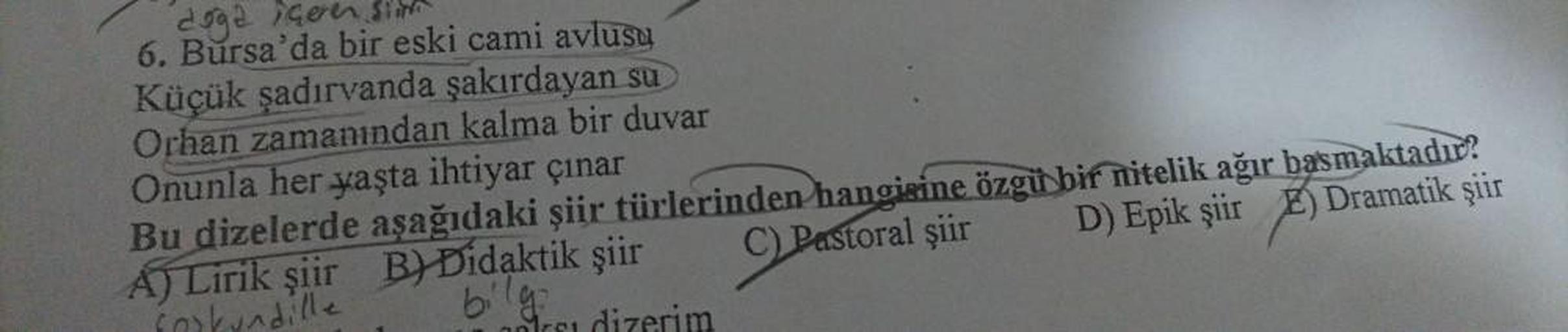 doga içer
6. Bursa'da bir eski cami avlusu
Küçük şadırvanda şakırdayan su
Orhan zamanından kalma bir duvar
Onunla her yaşta ihtiyar çınar
Bu dizelerde aşağıdaki şiir türlerinden hangisine özgü bir nitelik ağır basmaktadır?
A) Lirik şiir
C) Pastoral şiir
D)