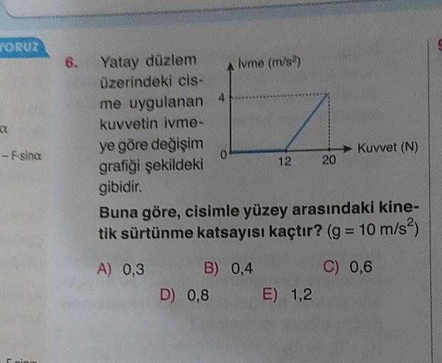 YORUZ
- Esina
Spina
6. Yatay düzlem
üzerindeki cis-
me uygulanan 4
kuvvetin ivme-
ye göre değişim
grafiği şekildeki
gibidir.
0
İvme (m/s²)
D) 0,8
B) 0,4
12
Buna göre, cisimle yüzey arasındaki kine-
tik sürtünme katsayısı kaçtır? (g = 10 m/s²)
A) 0,3
C) 0,6