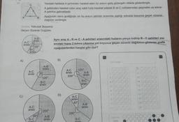 20
C
A)
A-C
arası
Grafik: Yolculuk Boyunca
Geçen Sürenin Dağılımı
A-B
aras!
B
120°
B-C
arası
A-C
arası
A-C
arası
Yandaki haritada A şehrinden hareket eden bir aracın gidiş güzergahı oklarla gösterilmiştir.
A şehrinden hareket eden araç sabit hızla hareket ederek B ve C noktalarından geçmekte ve tekrar
A şehrine gelmektedir.
40%
B-C
Aşağıdaki daire grafiğinde ise bu aracın şehirler arasında yaptığı yolculuk boyunca geçen sürenin
dağılımı verilmiştir.
A-B
arası
120°
B-C
arası
200°
A-B
arası
Aynı araç A - B ve C -A sehirleri arasındaki hızlarını yarıya indirip B-C şehirleri ara-
sındaki hızını 2 katına çıkarırsa yol boyunca geçen sürenin dağılımını gösteren grafik
aşağıdakilerden hangisi gibi olur?
B)
A-C
arası
200°
120°
A-C
arası
40%
200°
B-C
A-B
arası
B-C
arası
A-B
arası
Ad Soyad
7
2
22
4
5
6
7
8
1
10
Optik No
5646
12
13
14
15
16
17
18
19
20