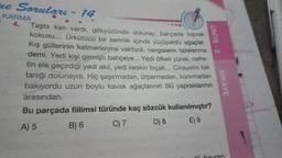 me Soruları-14
KARMA
4.
Taşta kan vardı, gökyüzünde dolunay, bahçede toprak
kokusu... Ürkütücü bir serinlik içinde yüzüyordu ağaçlar.
Kış güllerinin katmerlenme vaktiydi, nergislerin tazelenme
demi. Yedi kişi girmişti bahçeye... Yedi öfkeli yürek, nefre-
tin ele geçirdiği yedi akıl, yedi keskin bıçak... Cinayetin tek
tanığı dolunaydı. Hiç şaşırmadan, ürpermeden, korkmadan
bakıyordu uzun boylu kavak ağaçlarının ölü yapraklarının
arasından.
Bu parçada fiilimsi türünde kaç sözcük kullanılmıştır?
A) 5
B) 6
C) 7
D) 8
E) 9
UNITE-2
HİKAYE