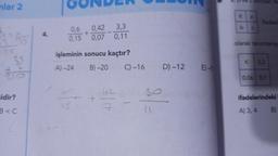 lar 2
15
55
35
sidir?
B<C
4.
0,6
0,42 3,3
0,15 0,07 0,11
işleminin sonucu kaçtır?
A)-24
B)-20
15
42
7
C) -16
D) -12 E)-10
ve csifirdan fa
K a
b
C
K
ifadesi
olarak tanımlanıy
0.3
0,06 0,1
ifadelerindeki
A) 3,4 B)
