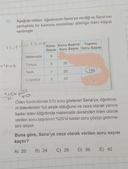 12. Aşağıda rehber öğretmenin Sena'ya verdiği ve Sena'nın
yanlışlıkla bir kısmına mürekkep döktüğü ödev kâğıdı
verilmiştir.
12154
ulsion
Matematik
Türkçe
Tarih
Coğrafya
Konu Konu Başına Toplam
Sayısı Soru Sayısı Soru Sayısı
6
5
7
5
B) 24
30
20
26
140
1250 +25
Ödev kontrolünde 570 soru gösteren Sena'ya, öğretme-
ni ödevlerinin %5 eksik olduğunu ve ceza olarak yarına
kadar ödev kâğıdında matematik dersinden ödev olarak
verilen soru sayısının %20'si kadar soru çözüp getirme-
sini istiyor.
Buna göre, Sena'ya ceza olarak verilen soru sayısı
kaçtır?
A) 20
C) 28 D) 36
E) 40