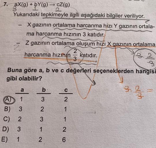 7. ax(g) + by(g) → cZ(g)
-
Yukarıdaki tepkimeyle ilgili aşağıdaki bilgiler veriliyor.
1
a
X gazının ortalama harcanma hizi Y gazının ortala-
ma harcanma hızının 3 katıdır.
Z gazının ortalama oluşum hızı X gazının ortalama
harcanma hızının
katıdır.
3.2
(A)
