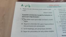 AL
1. "Başarı, her gün tekrarlanan küçük çabaların topla-
midir."
SÖZEL BÖLÜM
8. SINIF TÜRKÇE TESTI
(Robert Collier)
Aşağıdaki cümlelerden hangisi bu özdeyişle an-
lamca aynı doğrultudadır?
A) Taşı delen suyun gücü değil, damlaların sürekli-
liğidir.
B) Başarının sırlarından biri, geçici başarısızlıkların
bizi yenmesine izin vermemektir.
C) İyi bir başlangıç, yarı yarıya başarı demektir.
D) Başarı bir yolculuktur, bir varış noktası değildir.
4. 1. Böylece küf m
kısa bir süre s
küllerinin ba
ni ve çoğalm
II. Bu keşifter
hız kazand
talığın tec
III. Fleming
rin etkis
IV. Çalışma
kaplarn
birkaç
lendi
Numar