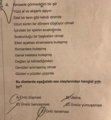 4. Kimsede görmediğim bir şiir
Yüzü al ve akşamı aşıyor
Eski bir tanrı gibi kendi dininde
Uzun süren bir dönemi düşlüyor olmalı
İçindeki bir içkinin sıcaklığında
Suskunluğu bir başkaldırı olmalı
Elleri ayakları sinemalara bulaşmış
Romanlara bulaşmış
Genel