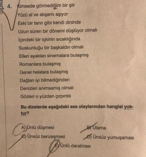 4. Kimsede görmediğim bir şiir
Yüzü al ve akşamı aşıyor
Eski bir tanrı gibi kendi dininde
Uzun süren bir dönemi düşlüyor olmalı
İçindeki bir içkinin sıcaklığında
Suskunluğu bir başkaldırı olmalı
Elleri ayakları sinemalara bulaşmış
Romanlara bulaşmış
Genel 