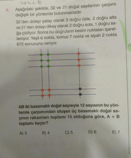 9.
244=6
Aşağıdaki şekilde, 32 ve 21 doğal sayılarının çarpımı
değişik bir yöntemle bulunmaktadır.
32'den dolayı yatay olarak 3 doğru üste, 2 doğru alta
ve 21'den dolayı dikey olarak 2 doğru sola, 1 doğru sa-
ğa çiziliyor. Sonra bu doğruların kesim noktala