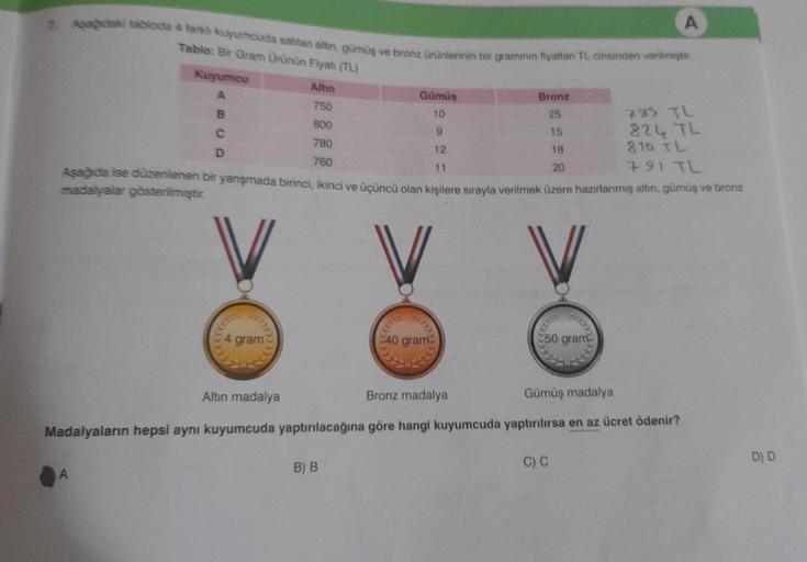 7. Asagidaki tabloda 4 farkli kuyumcuda satilan altin, gümüş ve bronz ürünlerinin bir gramının fiyatları TL cinsinden verilmiştir
Tablo: Bir Gram Ürünün Fiyatı (TL)
Altın
Gümüş
750
10
800
9
780
12
20
760
11
Aşağıda ise düzenlenen bir yanşmada birinci, ikin