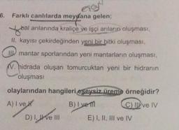 ereyy
6. Farklı canlılarda meydana gelen;
Tybal
bal anlarında kraliçe ve işçi arıların oluşması,
II. kayısı çekirdeğinden yeni bir bitki oluşması,
Imantar sporlarından yeni mantarların oluşması,
V. hidrada oluşan tomurcuktan yeni bir hidranın
oluşması
olaylarından hangileri eşeysiz üreme örneğidir?
A) I ve
B) I ve m
C) Ive IV
D) I, II ve III
E) I, II, III ve IV