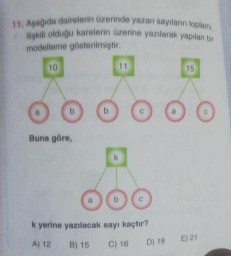 11. Aşağıda dairelerin üzerinde yazan sayıların toplamı,
ilişkili olduğu karelerin üzerine yazılarak yapılan bir
modelleme gösterilmiştir.
10
b
Buna göre,
a
b
11
k
b
C
k yerine yazılacak sayı kaçtır?
A) 12 B) 15
C) 16
a
15
D) 18 E) 21