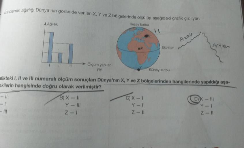 Bir cismin ağırlığı Dünya'nın görselde verilen X, Y ve Z bölgelerinde ölçülüp aşağıdaki grafik çiziliyor.
Kuzey kutbu
AAğırlık
1
11
|||
Ölçüm yapılan
yer
B) X-11
Y-III
Z-I
Ekvator
C) X-I
Y-11
Z-III
Güney kutbu
afikteki I, II ve III numaralı ölçüm sonuçları