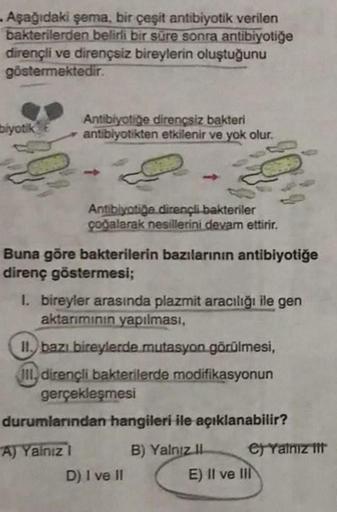 Aşağıdaki şema, bir çeşit antibiyotik verilen
bakterilerden belirli bir süre sonra antibiyotiğe
dirençli ve dirençsiz bireylerin oluştuğunu
göstermektedir.
biyotik E
Antibiyotiğe dirençsiz bakteri
antibiyotikten etkilenir ve yok olur.
Antibiyotiğe dirençli