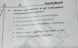 A
17.
A
FEN BİLİMLERİ
Canlıların ortak özellikleri ile ilgili olarak aşağıda
verilenlerden hangisi doğrudur?
A) Bazı canlılar sabit yaşar ve hareket etmezler.
B) Bir hücreli canlılarda büyüme görülmez.
C) tum canlılarda DNA ve RNA denilen nükleik asitler
bulunur.
D) Eşeysiz üreme ile çoğalma tüm canlilarda görülür.
E) Canlılar sindirim yaparak enerji üretirler.