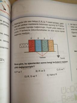 ROSTATI
de gerçekle
gerçekleşir.
sa, sadece
e, balonda
ilırsa küre-
ve li
5 Başlangıçta nötr olan iletken P, R, S, T metal levhaları, şekil-
deki gibi yalıtkan maddelerle birbirinden ayrılmış ve T levha-
bir ucundan toprağa bağlanmıştır. Pozitif yüklü iletken bir
çubuk, P levhasına dokundurulduktan bir süre sonra toprak
SI
bağlantısı kesiliyor.
P R S
Yalıtkan
Toprak
Buna göre, bu işlemlerden sonra hangi levhaların toplam
yükü değişmemiştir?
A) P ve T
B) R ve S
D) R, S ve T
T
C) S ve T
E) Yalnız R
7. Bir fizik ö
tiktan so
arasında
Oğrenci
Salih:
Met
UcD
Besl