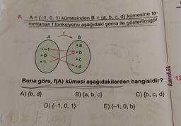 8.
A = {-1, 0, 1} kümesinden B = (a, b, c, d kümesine ta-
nımlanan f fonksiyonu aşağıdaki şema ile gösterilmiştir.
A
0
• 1
f
B
a
.b
(-10A)
. C
d
Buna göre, f(A) kümesi aşağıdakilerden hangisidir?
A) {b, d}
C) {b, c, d}
D) {-1, 0, 1)
B) {a,b,c}
E) {-1, 0, b}
karekök
12