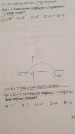 y = f(x) fonksiyonunun grafiği verilmiştir.
f(x) = 0 denklemini sağlayan x değerlerinin
toplamı kaçtır?
A)-5
B) 44
-2
C) -3
0
D)-2 E)-1
4
y = f(x)
y = f(x) fonksiyonunu grafiği verilmiştir.
f(x + 2) = 0 denklemini sağlayan x değerle-
rinin toplamı kaçtır?
A) -1
B)-2
C) -3
D) -4
E) -5
87