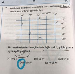 A
JAY202
7. Aşağıdaki koordinat sisteminde bazı merkezlerin konumu
numaralandırılarak gösterilmiştir.
sla i isvedeninitiös
30° 20°
|||
A) I ve II
A
D) III ve IV
0°
10°
IV
10°
B) I ve V
V
Bu merkezlerden hangilerinde öğle vakti, yıl boyunca
aynı anda yaşanır? a em
10°
0°
10°
E) IV ve V
20°
30°
C) II ve III