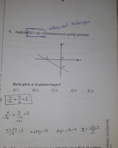 B
1
1
4. Aşağıda f(x) = ax + b fonksiyonunun grafiği çizilmiştir.
→ Doğrusal fonksiyon
*|
Buna göre, a·b çarpımı kaçtır?
A) 1
B) 2
C) 3
+21=1
b
+
y = 1
(21
x+2y=1 x+2y=-4
O
-2
D) 4
E) 5
2y=-4-x y=-=-4-²
fixi No 1) ve B(-2.0) noktala-
ARMAL MATEMATİK