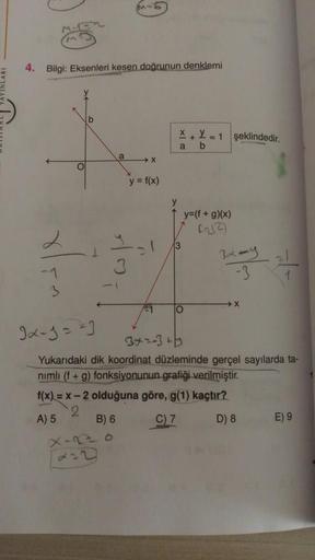 4. Bilgi: Eksenleri kesen doğrunun denklemi
2
O
b
M-6
a
X
y = f(x)
11
X+X=1 şeklindedir.
a b
y
↑y=(f + g)(x)
4212
O
3x=9
= /14
Ix-1==1
3x2-3+
Yukarıdaki dik koordinat düzleminde gerçel sayılarda ta-
nimli (f + g) fonksiyonunun grafiği verilmiştir.
f(x) = x