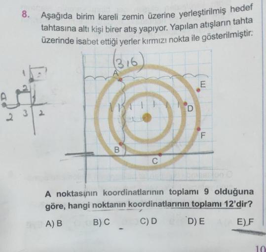 Aşağıda birim kareli zemin üzerine yerleştirilmiş hedef
tahtasına altı kişi birer atış yapıyor. Yapılan atışların tahta
üzerinde isabet ettiği yerler kırmızı nokta ile gösterilmiştir.
316
3 2
113
B
D
E
LL
F
A noktasının koordinatlarının toplamı 9 olduğuna

