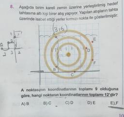 Aşağıda birim kareli zemin üzerine yerleştirilmiş hedef
tahtasına altı kişi birer atış yapıyor. Yapılan atışların tahta
üzerinde isabet ettiği yerler kırmızı nokta ile gösterilmiştir.
316
3 2
113
B
D
E
LL
F
A noktasının koordinatlarının toplamı 9 olduğuna
göre, hangi noktanın koordinatlarının toplamı 12'dir?
A) B
B) C
C) D
D) E
E) F
10