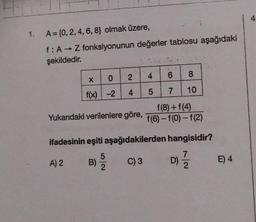 1.
A= (0, 2, 4, 6, 8} olmak üzere,
f: A → Z fonksiyonunun değerler tablosu aşağıdaki
şekildedir.
0
X
f(x) -2
A) 2
Yukarıdaki verilenlere göre,
2
4
ifadesinin eşiti aşağıdakilerden hangisidir?
7
C) 3
2
B)
5
2
4 6 8
5 7 10
f(8) + f(4)
f(6)-f(0)-f(2)
D)
E) 4