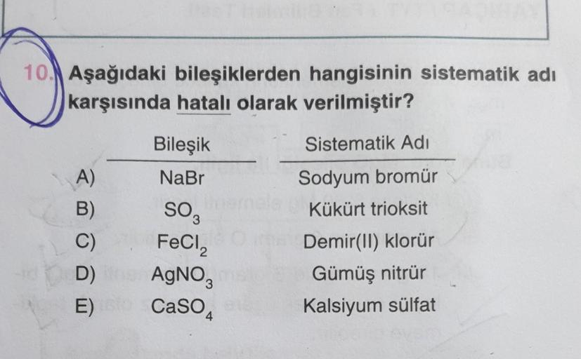 10. Aşağıdaki bileşiklerden hangisinin sistematik adı
karşısında hatalı olarak verilmiştir?
A)
B)
C)
D)
E)
Bileşik
NaBr
SO 3
FeCl,
AgNO3
CaSO4
Sistematik Adi
Sodyum bromür
Kükürt trioksit
Demir(II) klorür
Gümüş nitrür
Kalsiyum sülfat