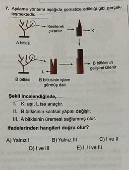 7. Aşılama yöntemi aşağıda şematize edildiği gibi gerçek-
leşmektedir.
ya
A bitkisi
Kesilerek
çıkarılır
-
B bitkisi B bitkisinin işlem
görmüş dalı
A) Yalnız I
LA
Şekil incelendiğinde,
T. K; aşı, Lise anaçtır.
II. B bitkisinin kalıtsal yapısı değişir.
III. A bitkisinin üremesi sağlanmış olur.
ifadelerinden hangileri doğru olur?
D) I ve III
-K
B) Yalnız III
B bitkisinin
gelişimi izlenir
C) I ve II
E) I, II ve III