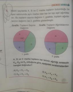 at
ÇIKMIŞ SORU
Belirli sayılarda A, B ve C marka topların bulunduğu bir
spor salonunda aynı marka olan her bir top eşit ağırlıkta-
dir. Bu topların sayıca dağılımı 1. grafikte, toplam ağırlık-
larının dağılımı ise 2. grafikte gösterilmiştir.
Grafik: Topların Sayıca Grafik: Topların Ağırlıklarının
Dağılımı
Dağılımı
A
120°
1. grafik
A) KA < KC < KB
C) KB < KC < KA
C
cürelerine gör
B
A
2. grafik
A, B ve C marka topların her birinin ağırlığı sırasıyla
KA, KB ve Kc olduğuna göre, aşağıdaki sıralamalardan
hangisi doğrudur?
C
B) KB <KA<Kc
D) Kc <KB <KA