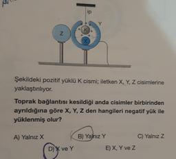 Z
A) Yalnız X
ip
+K
Şekildeki pozitif yüklü K cismi; iletken X, Y, Z cisimlerine
yaklaştırılıyor.
D) X ve Y
Y
Toprak bağlantısı kesildiği anda cisimler birbirinden
ayrıldığına göre X, Y, Z den hangileri negatif yük ile
yüklenmiş olur?
B) Yalnız Y
E) X, Y ve Z
C) Yalnız Z