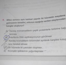 9.
Mitoz sonucu aynı kalıtsal yapıda iki hücrenin meydana
gelmesinin temelini, mitozun aşağıda verilen olaylarından
hangisi oluşturur?
A Kardeş kromamatitlerin çeşitli proteinlerle birbirine bağ-
lanması
B interfazda DNA replikasyonunun görülmesi
Kardeş kromatitlerin birbirinden ayrılarak karşılıklı kutup
lara hareket etmesi
D) Bir hücrede iki çekirdek oluşması
E) Kromatin ipliklerinin yoğunlaşması