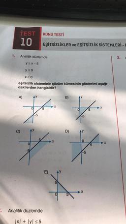 1.
TEST KONU TESTİ
10
Analitik düzlemde
y≥x-5
y ≤ 0
X≥ 0
eşitsizlik sisteminin çözüm kümesinin gösterimi aşağı-
dakilerden hangisidir?
A)
C)
-5
EŞİTSİZLİKLER ve EŞİTSİZLİK SİSTEMLERİ - L
. Analitik düzlemde
x + y ≤5
5
E)
> X
X
10
O
B)
D)
5
*
5
-5
AY
0
X
X
3.