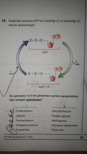 18. Aşağıdaki şemada ATP'nin üretildiği (1) ve tüketildiği (II)
olaylar gösterilmiştir.
P~P~P
P+P~P
A) Fosforilasyon
B
Glikoliz
Bu şemada I ve II ile gösterilen yerlere aşağıdakiler-
den hangisi getirilemez?
Fermantasyon
Oksijenli solunum
E) Fotosentez
ATP