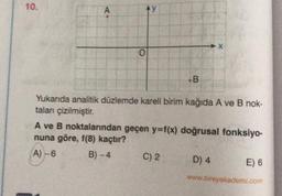 10.
A
O
AY
Yukarıda analitik düzlemde kareli birim kağıda A ve B nok-
talanı çizilmiştir.
A ve B noktalarından geçen y=f(x) doğrusal fonksiyo-
nuna göre, f(8) kaçtır?
A)-6
B)-4
C) 2
D) 4
E) 6
www.bireyakademi.com